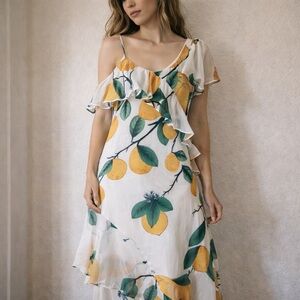 Azulu White Lemon Print One Shoulder Ruffle Maxi Dress Size 6 Summer Resort NWT